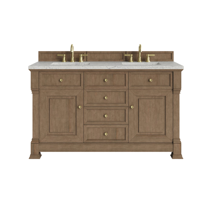 Brookfield 60" Double Vanity, Honey Oak w/ 3 CM Victorian Silver Silestone Top