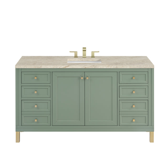 Chicago 60" Single Vanity, Smokey Celadon, w/ 3 CM Carrara Marble Top