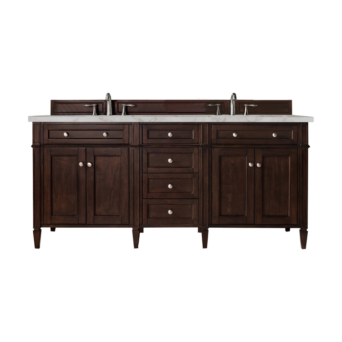 Brittany 72" Double Vanity, Burnished Mahogany w/ 3 CM Ethereal Noctis Silestone Top w/FreePower Wireless Charger