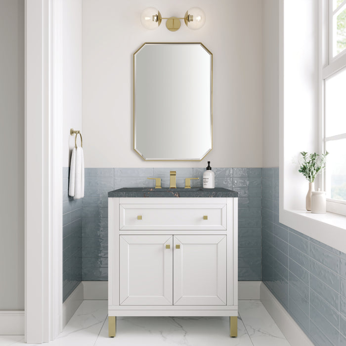 James Martin Chicago 30" Single Bathroom Vanity in Glossy White, shown in a bathroom setting