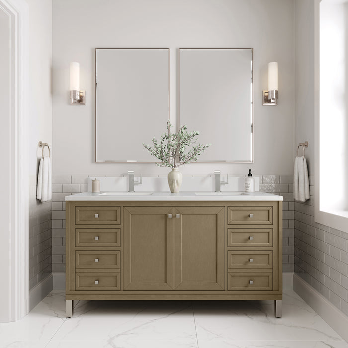 James Martin Chicago 60" Double Bathroom Vanity in Walnut Whisper, shown in a bathroom setting