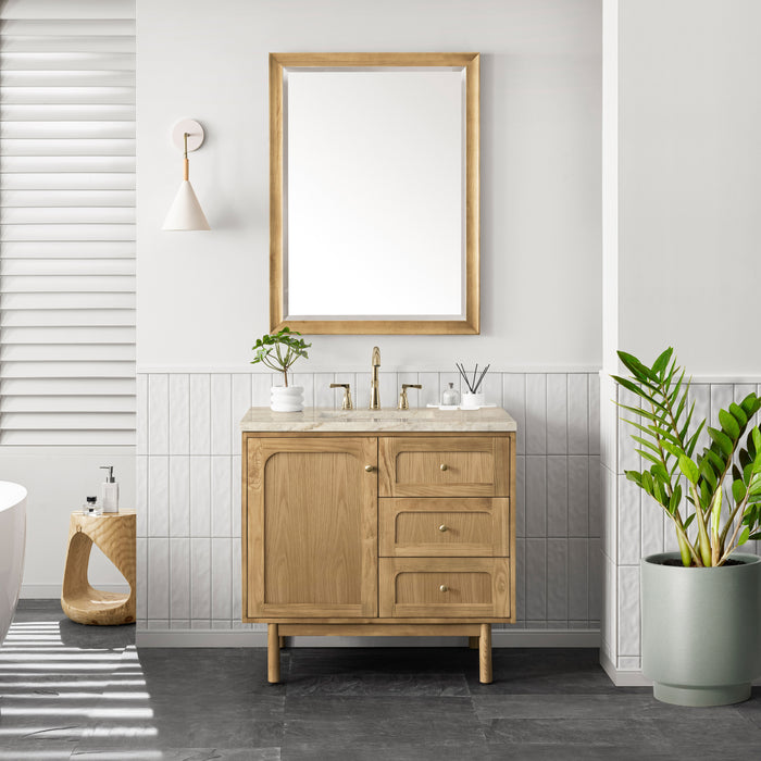 James Martin Laurent 36" Single Bathroom Vanity in Light Natural Oak, shown in a bathroom setting