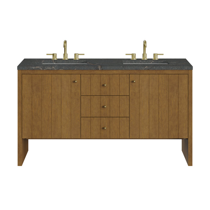 Hudson 60" Double Vanity, Honey Oak w/ 3 CM Parisien Bleu Silestone Top