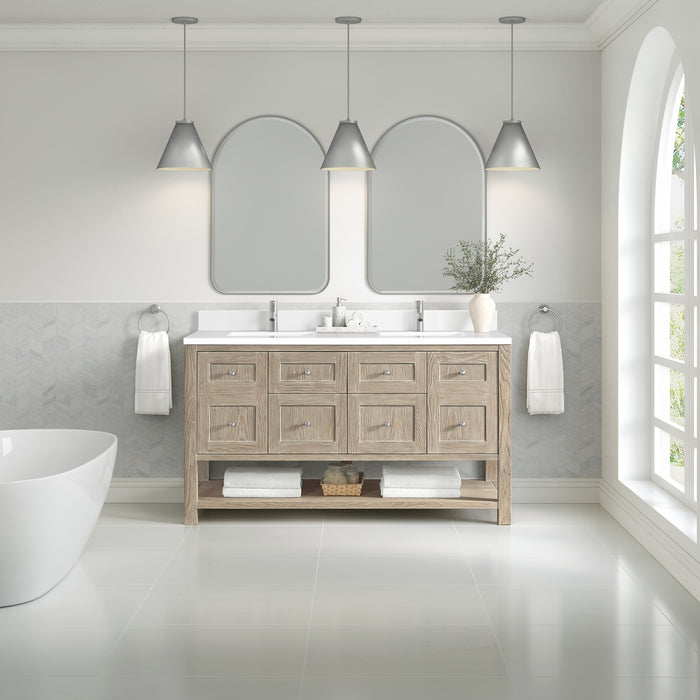 James Martin Breckenridge 60" Double Bathroom Vanity in Whitewashed Oak, shown in a bathroom setting