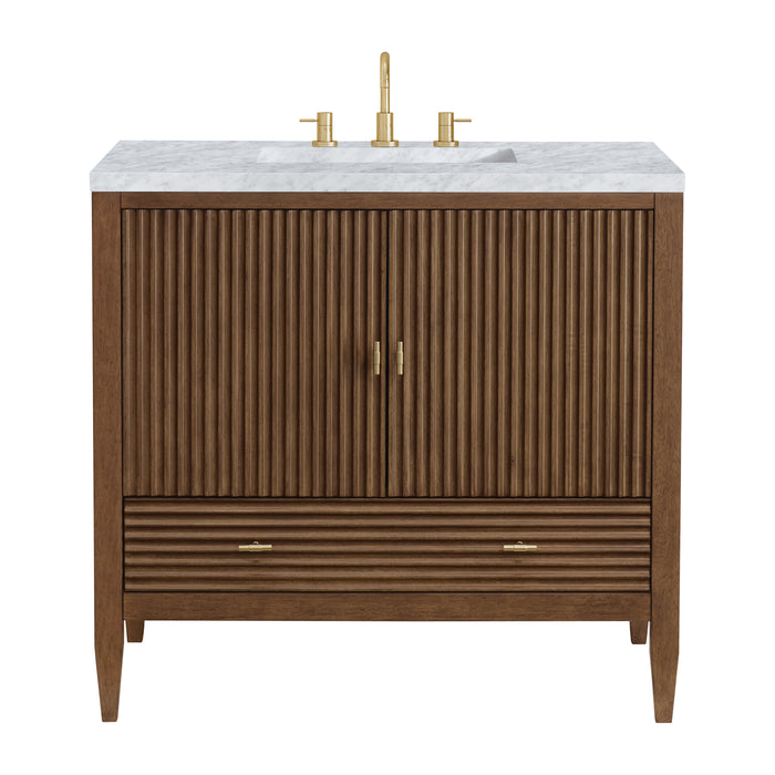 Myrrin 36" Vanity, Mid Century Walnut w/ 3 CM Carrara White Marble Top