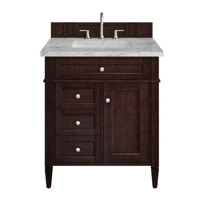 Brittany 30" Single Vanity, Burnished Mahogany w/ 3 CM Carrara Marble Top