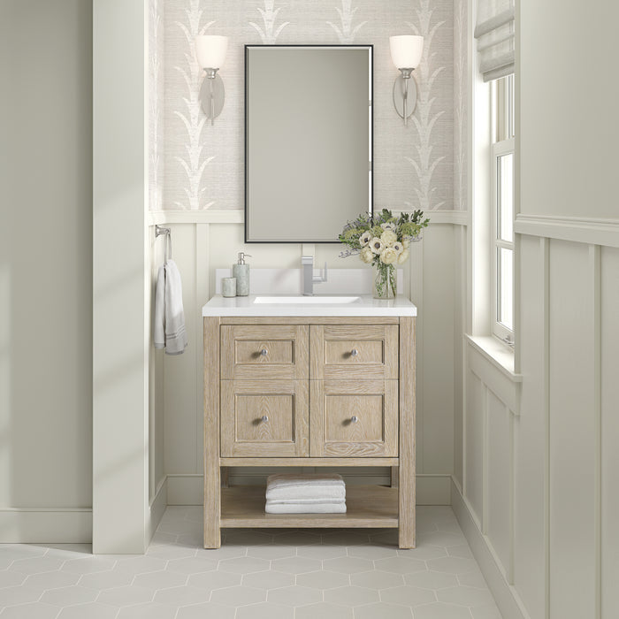 James Martin Breckenridge 30" Single Bathroom Vanity in Whitewashed Oak, shown in a bathroom setting