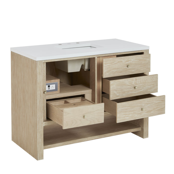 Marigot 48" Single Vanity, Sunwashed Oak w/ 3 CM Parisien Bleu Silestone Top w/ FreePower Wireless Charger