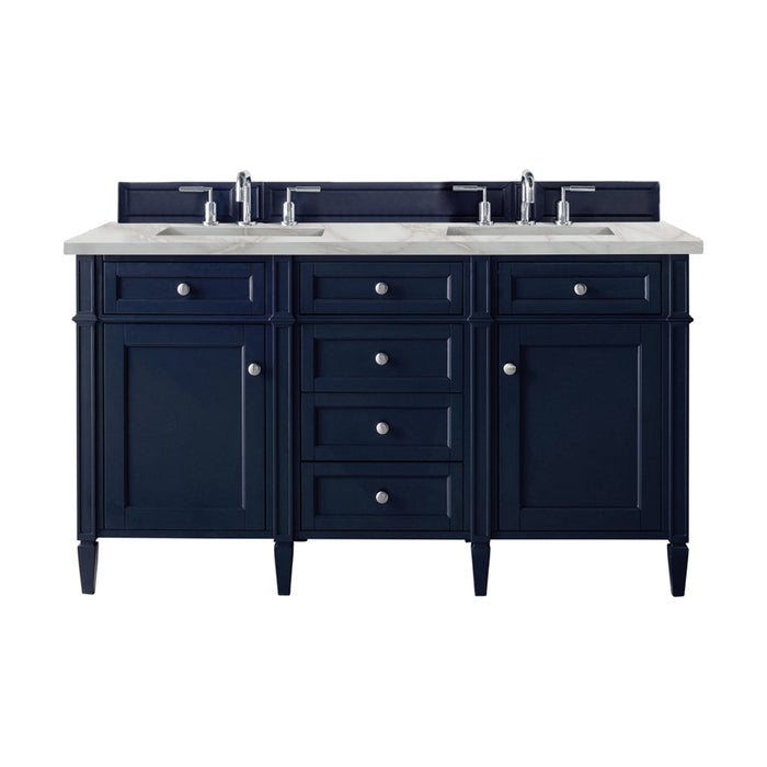 Brittany 60" Double Vanity, Victory Blue w/ 3 CM Carrara Marble Top