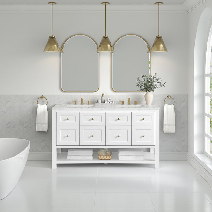 Breckenridge 60" Double Vanity, Whitewashed Oak, w/ Single Hole 3 CM White Zeus Quartz Top & Backsplash