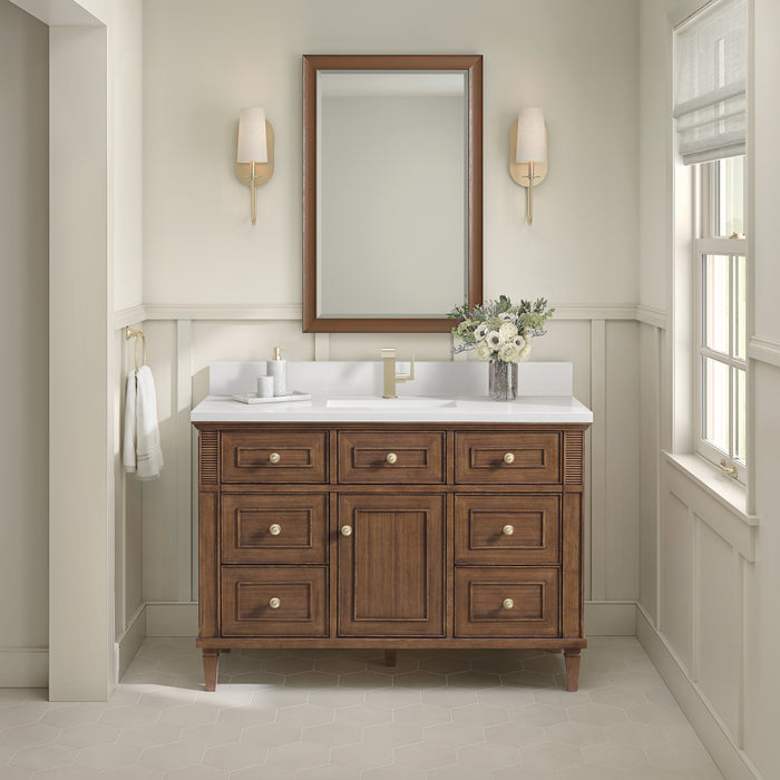James Martin Lorelai 48" Single Bathroom Vanity in Mid-Century Walnut, shown in a bathroom setting