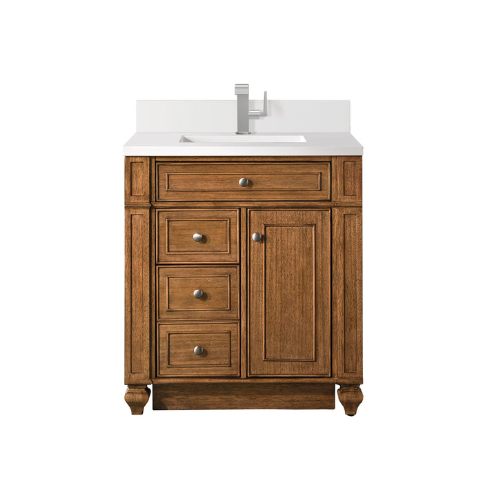 Bristol 30" Single Vanity, Saddle Brown w/ Single Hole 3 CM White Zeus Silestone Top & Backsplash