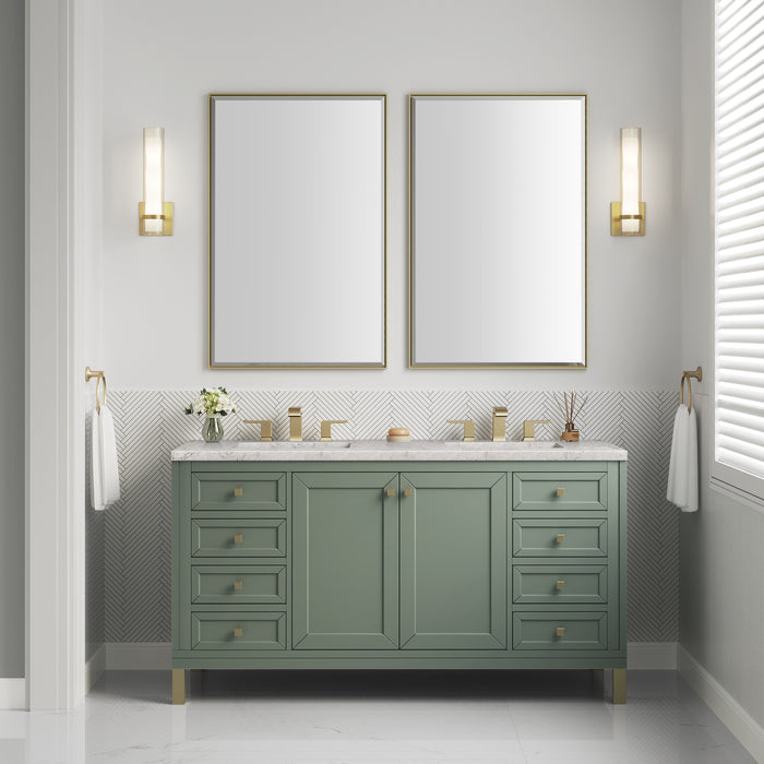 James Martin Chicago 60" Double Bathroom Vanity in Smokey Celadon, shown in a bathroom setting
