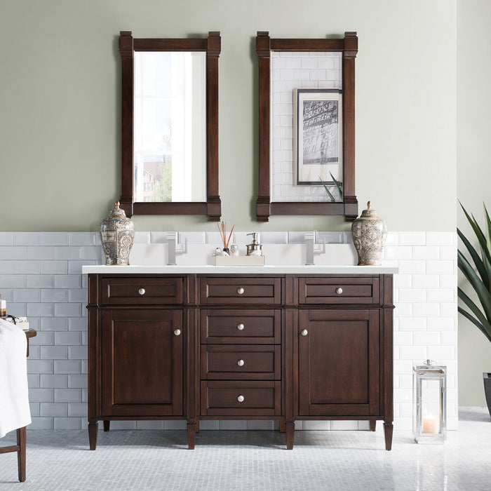 James Martin Brittany 60" Double Bathroom Vanity in Burnished Mahogany, shown in a bathroom setting