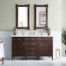 James Martin Brittany 60" Double Bathroom Vanity in Burnished Mahogany, shown in a bathroom setting