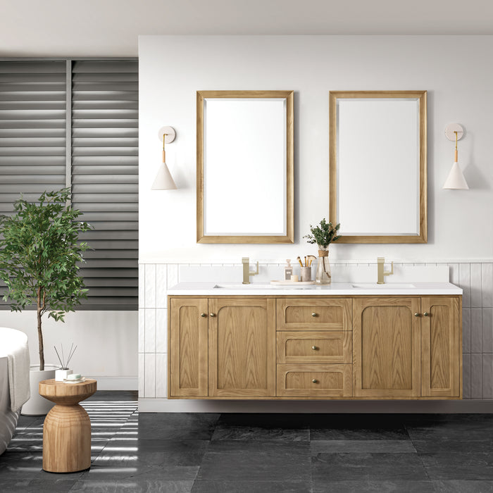 James Martin Laurent 72" Double Bathroom Vanity in Light Natural Oak, shown in a bathroom setting