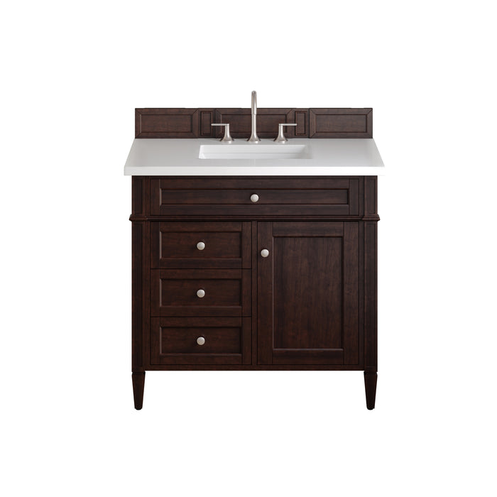 Brittany 36" Single Vanity, Burnished Mahogany w/ 3 CM White Zeus Silestone Top