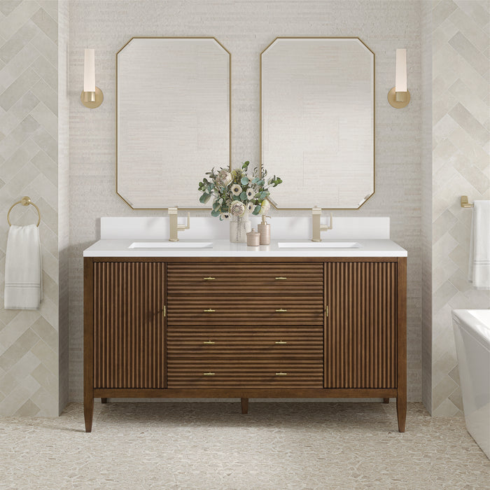 James Martin Myrrin 60" Double Bathroom Vanity in Mid-Century Walnut, shown in a bathroom setting