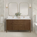 James Martin Myrrin 60" Double Bathroom Vanity in Mid-Century Walnut, shown in a bathroom setting