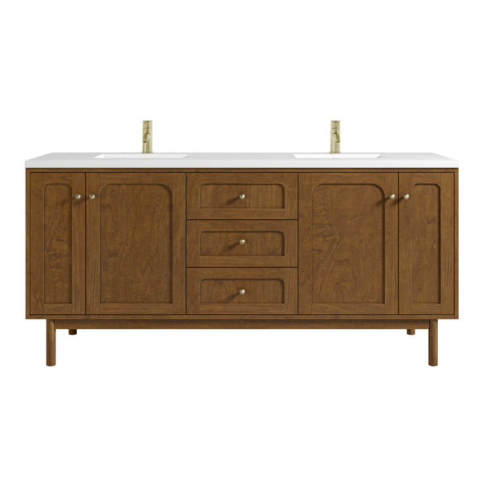 Laurent 72" Double Vanity, Honey Oak w/ Single Hole 3 CM White Zeus Silestone Top and Matching Backsplash