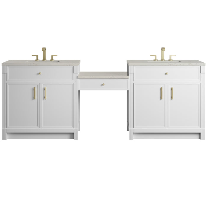 Bellshire 96" Dual Vanity Set with 24" Make-Up Counter, Bright White w/3 cm Siberian Silestone Top