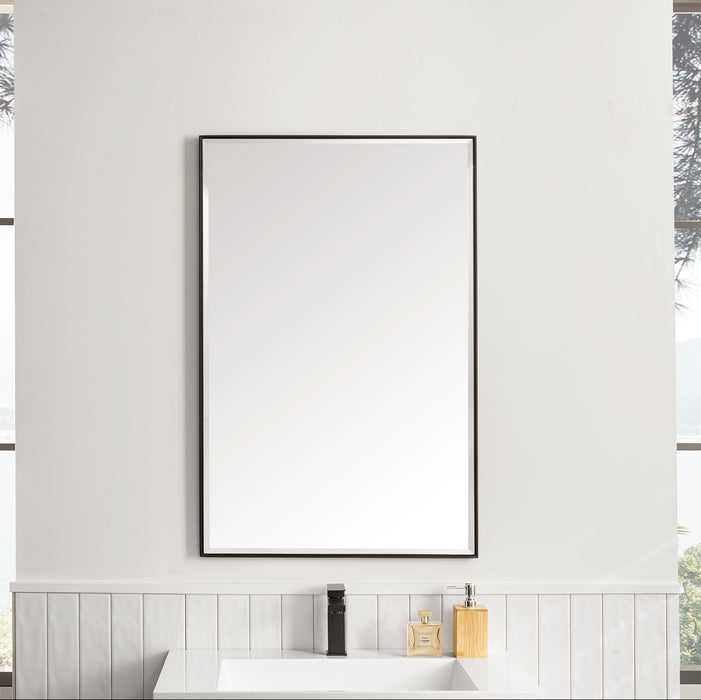 James Martin Rohe 26" Rectangular Mirror in Matte Black, shown in a bathroom setting