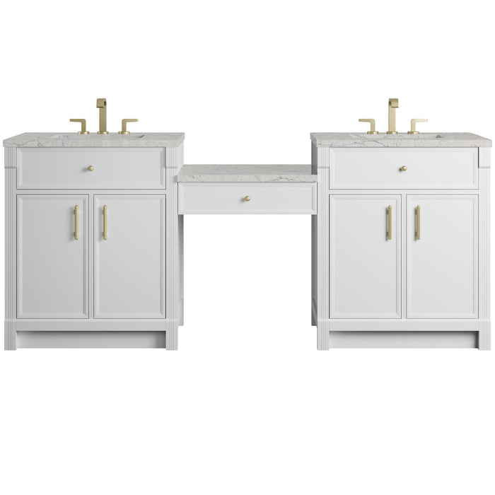 Bellshire 84" Dual Vanity Set with 24" Make-Up Counter, Bright White w/3 cm Eternal Jasmine Pearl Silestone Top