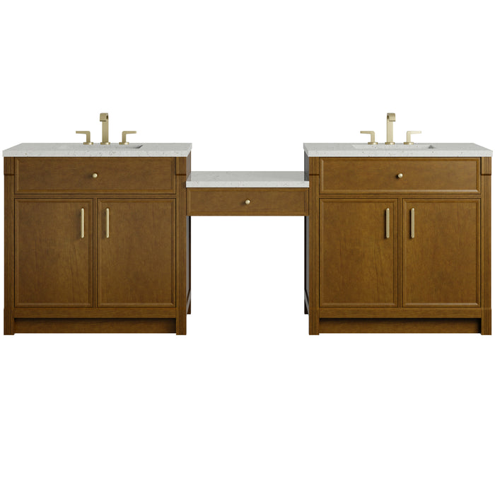 Bellshire 96" Dual Vanity Set with 24" Make-Up Counter, Honey Oak w/3 cm Lime Delight Silestone Top
