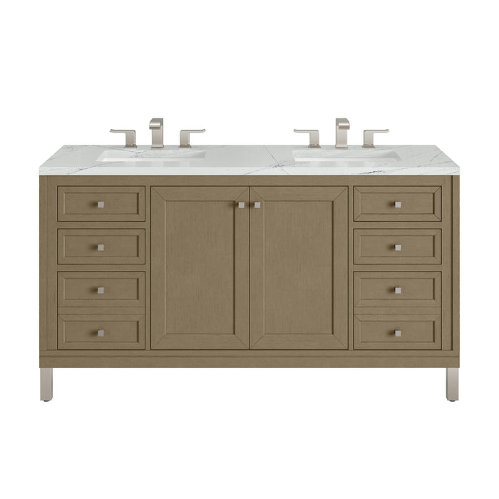 Chicago 60" Double Vanity, Smokey Celadon, w/ 3 CM Siberian Silestone Top