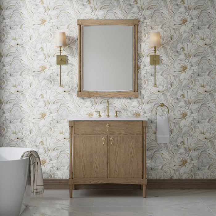 James Martin Kinnsden 30" Mirror in Weathered Oak, shown in a bathroom setting