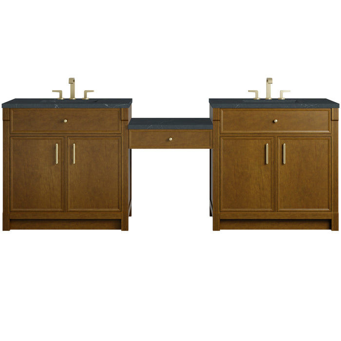 Bellshire 96" Dual Vanity Set with 24" Make-Up Counter, Honey Oak w/3 cm Charcoal Soapstone Silestone Top