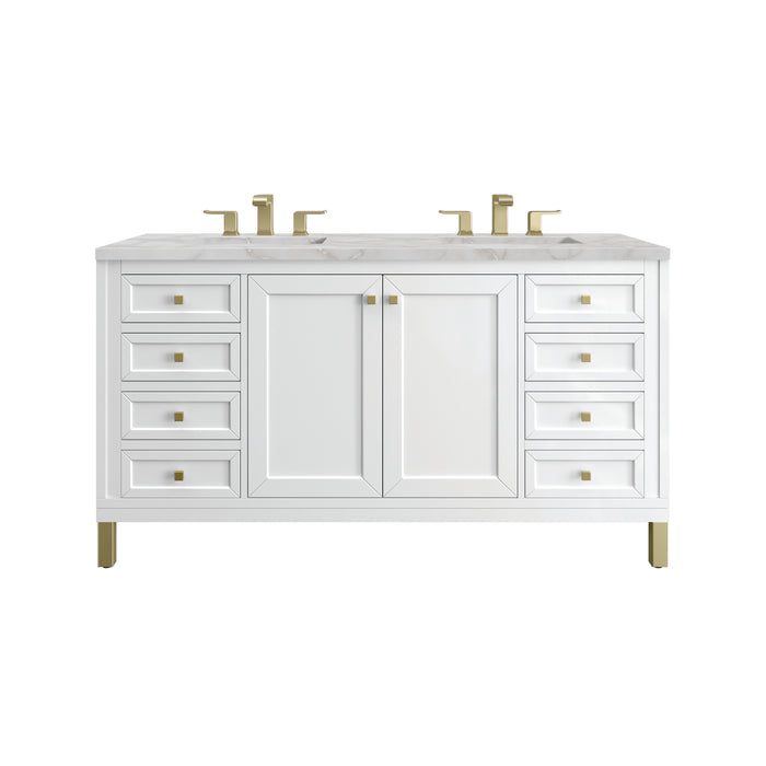 Chicago 60" Double Vanity, Glossy White, w/ 3 CM Victorian Silver Silestone® Top