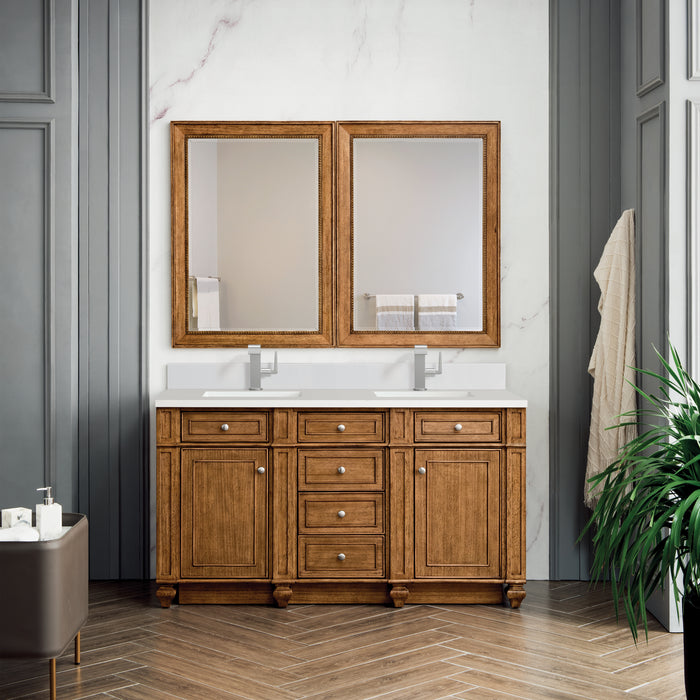 James Martin Bristol 60" Double Bathroom Vanity in Saddle Brown, shown in a bathroom setting