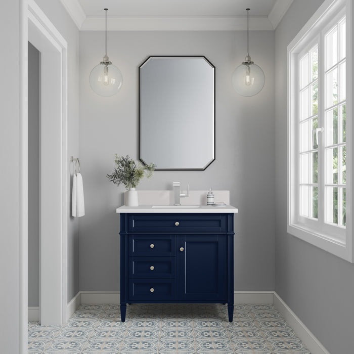 James Martin Brittany 36" Single Bathroom Vanity in Victory Blue, shown in a bathroom setting