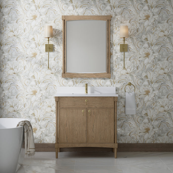 James Martin Kinnsden 36" Single Bathroom Vanity in Weathered Oak, shown in a bathroom setting