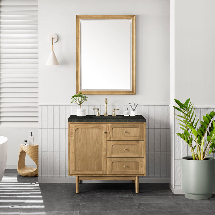 James Martin Laurent 36" Single Bathroom Vanity in Light Natural Oak, shown in a bathroom setting