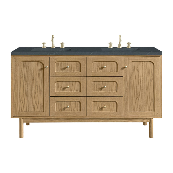 Laurent 60" Double Vanity, Honey Oak w/ 3 CM Parisien Bleu Silestone Top w/FreePower Wireless Charger