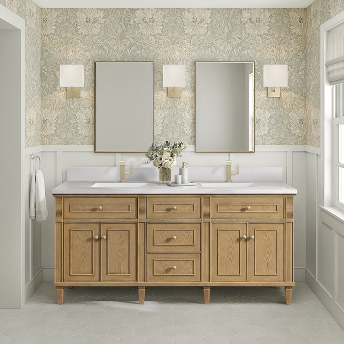 James Martin Lorelai 72" Double Bathroom Vanity in Light Natural Oak, shown in a bathroom setting