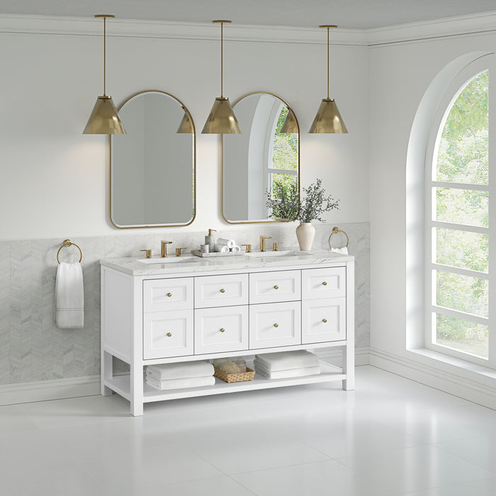 Breckenridge 60" Double Vanity, Whitewashed Oak, w/ 3 CM Carrara Marble Top