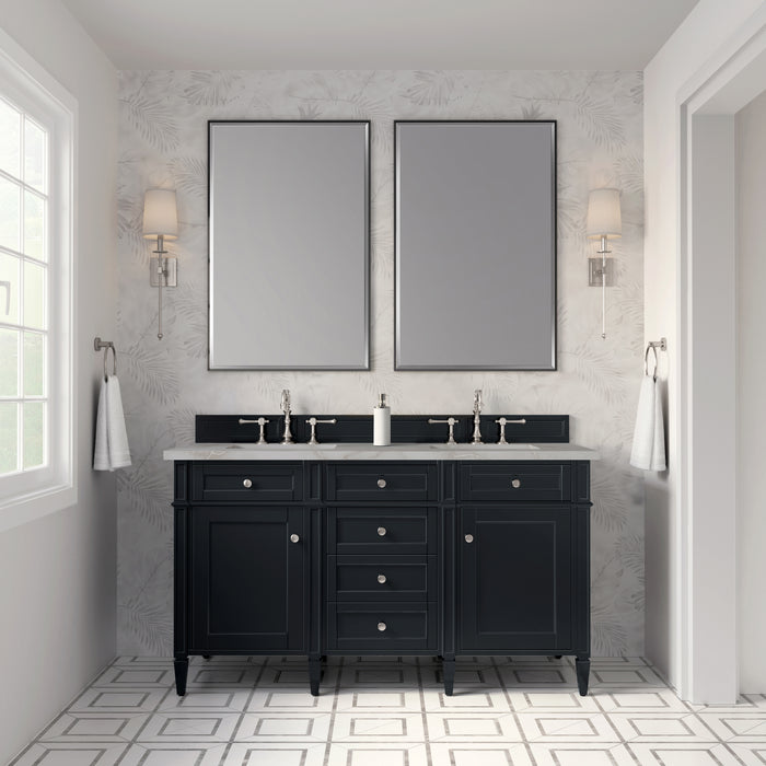 Brittany 60" Double Vanity, Pecan w/ 3 CM Victorian Silver Silestone Top w/FreePower Wireless Charger