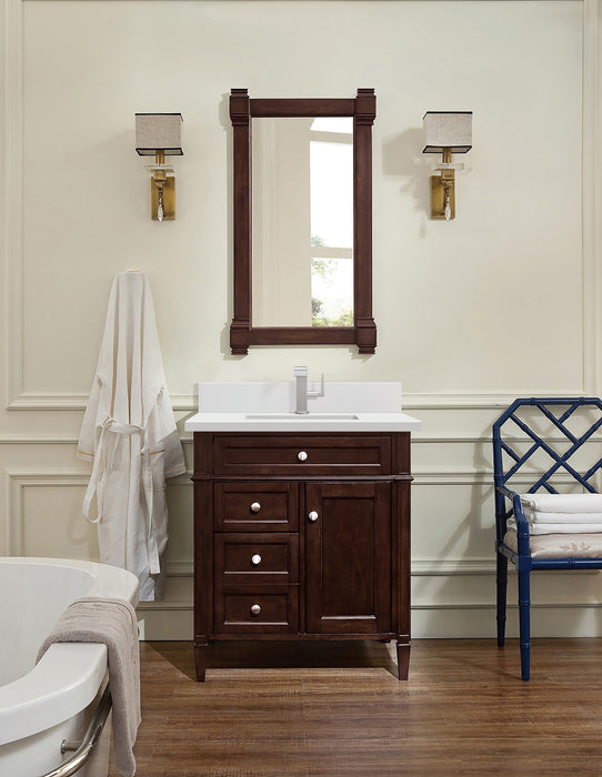James Martin Brittany 30" Single Bathroom Vanity in Burnished Mahogany, shown in a bathroom setting