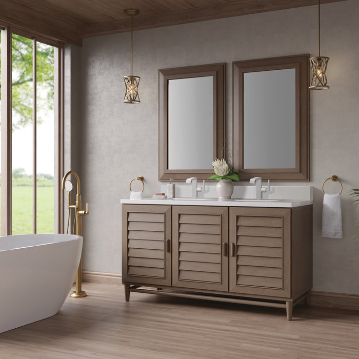 Portland 60" Double Vanity, Whitewashed Walnut, w/ 3 CM Tajnar Eclos Top w/FreePower Wireless Charger