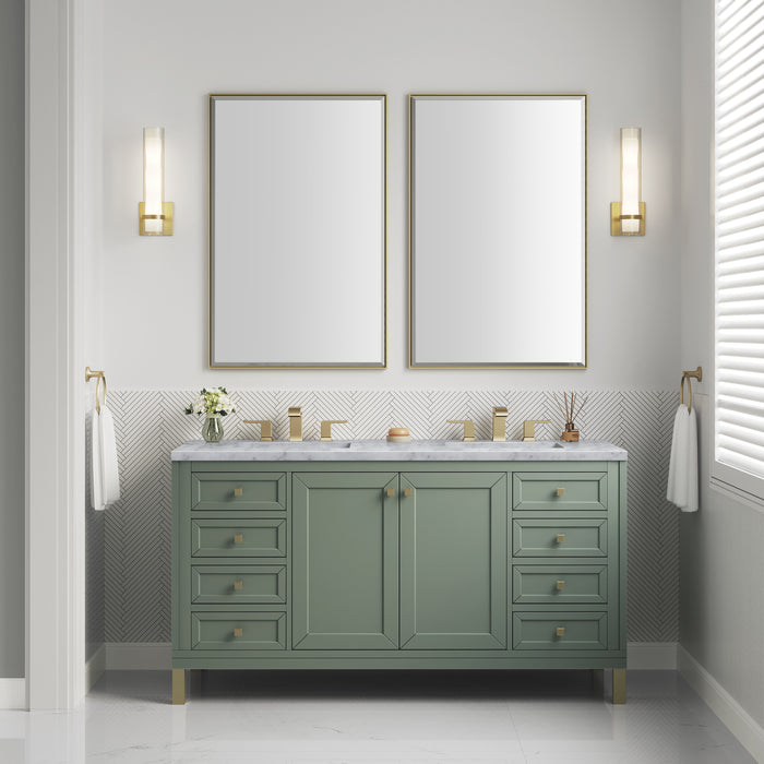 James Martin Chicago 60" Double Bathroom Vanity in Smokey Celadon, shown in a bathroom setting
