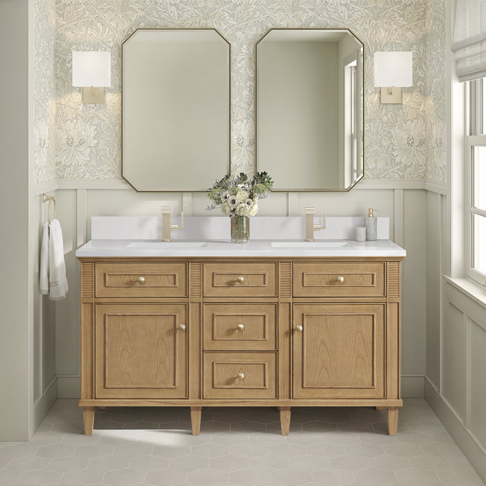 James Martin Lorelai 60" Double Bathroom Vanity in Light Natural Oak, shown in a bathroom setting