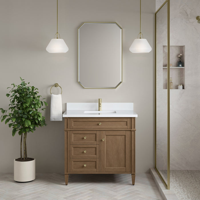 James Martin Brittany 36" Single Bathroom Vanity in Pecan, shown in a bathroom setting