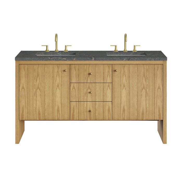 Hudson 60" Double Vanity, Light Natural Oak w/ Single Hole 3 CM White Zeus Top & Backsplash