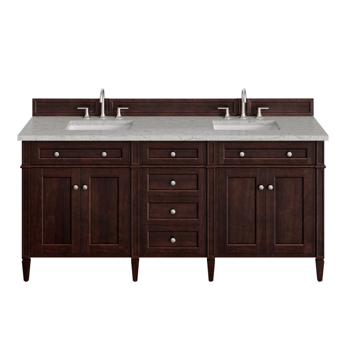 Brittany 72" Double Vanity, Burnished Mahogany w/ 3 CM Carrara Marble Top