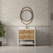 James Martin Olena 36" Single Bathroom Vanity in Polished White and Light Mappa Burl, shown in a bathroom setting