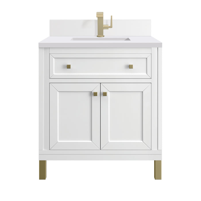 Chicago 30" Single Vanity, Glossy White, w/ Single Hole 3CM White Zeus Silestone® Top & Backsplash