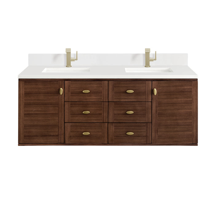 Amberly 60" Double Vanity, Mid-Century Walnut w/ Single Hole 3 CM White Zeus Top & Backsplash